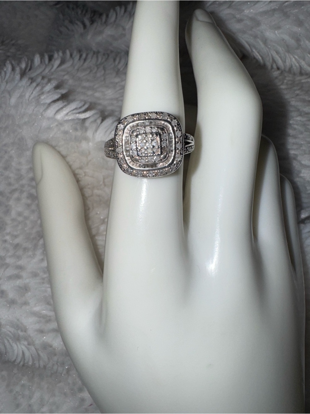 Vintage Sterling Silver Cushion Cluster Diamond Ring, size 6.5